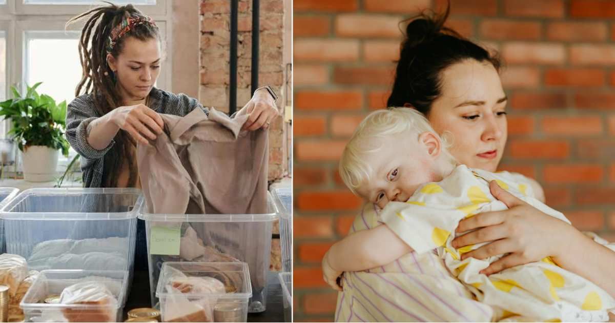 (L) A woman looking through a box at a thrift store. (R) Mom looks emotional while holding toddler. (Representative Cover Image Source: Pexels | L - Rodolfo Baumann, R - Karola G) 