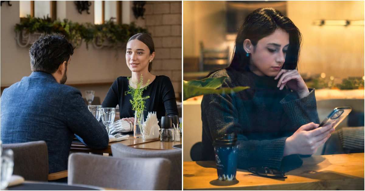 (L) Woman listening to man speak while on a date. (R) Disappointed woman looks at phone. (Representative Cover Image Source: Pexels| L - Mikhail Nilov, R - Masoud Mostafael)