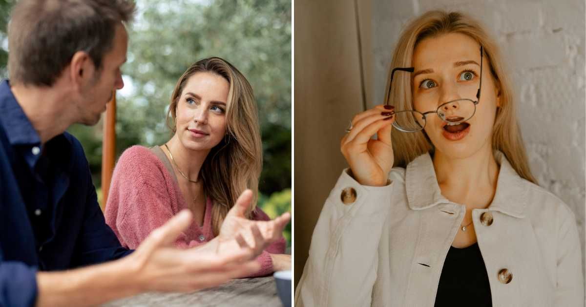(L) A man and a woman speaking in a garden. (R) A woman looking visibly shocked. (Representative Cover Image Source: L - Getty Images | Westend61, R - Polina Zimmerman)
