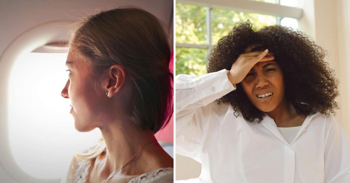 (L) Woman sitting on window seat in plane. (R) Annoyed woman. (Representative Cover Image Source: Pexels | (L) Adrienn, (R) Polina Tankilevitch)
