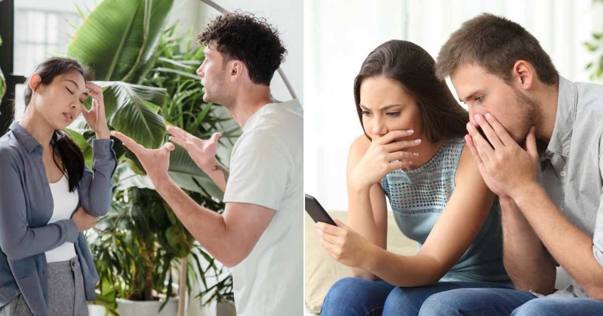 (L) A couple arguing (R) People reacting stunned at something on phone (Representative Cover Source: (L) Pexels | Timur Weber; (R) Getty | Antonio Guillem)