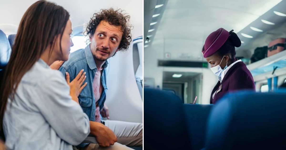 (L) A woman convincing a man (R) A flight attendant talking to a passenger  (Representative Cover Source: (L) Getty | Urbazon; (R) Pexels | Jamies.x.co)