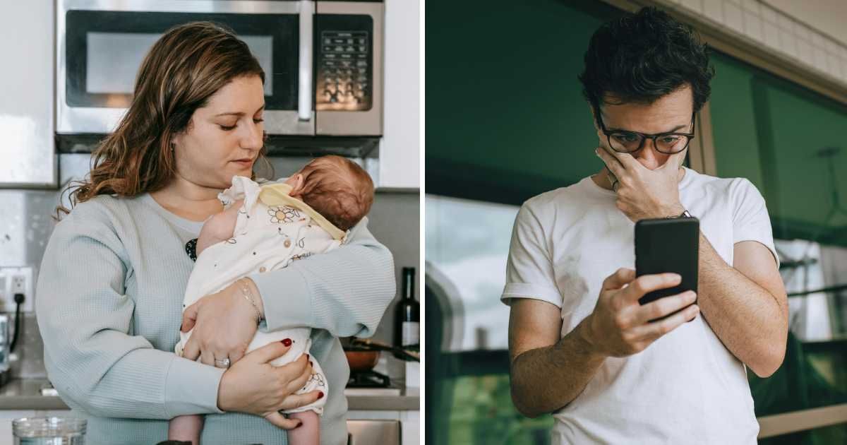 (L) Woman with newborn baby. (R) Man frustrated while looking at his phone. (Representative Cover Image Source: Pexels | (L) Sarah Chai, (R) Helena Lopes)