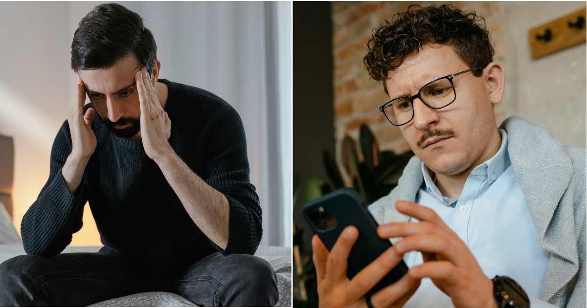 (L) Man holds head in sorrow and grief. (R) Man looks at his phone, confused and upset. (Representative Cover Image Source: Pexels| L, R - Mart Production)