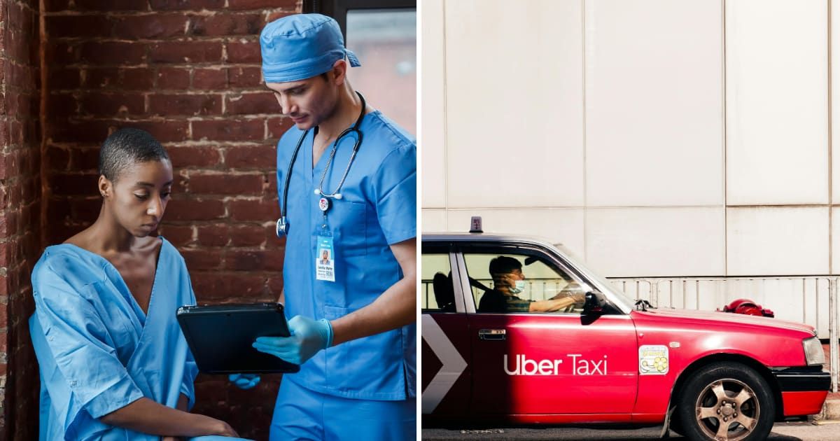 (L) Woman in hospital talking with doctor. (R) Uber taxi. (Representative Image Source: Pexels | (L) Klaus Nielsen, (R) Franz Abenojar)