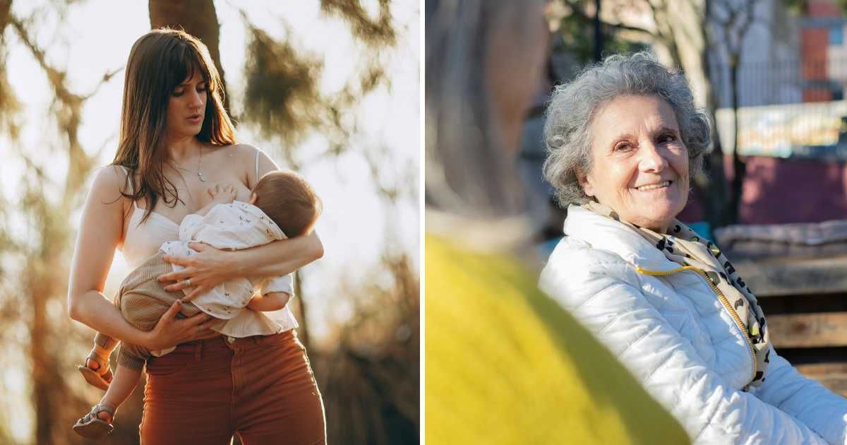 (L) Woman breastfeeding baby in park. (R) Old woman smiling. (Representative Cover Image Source: Pexels | (L) Helena Lopes, (R) Kampus Production)