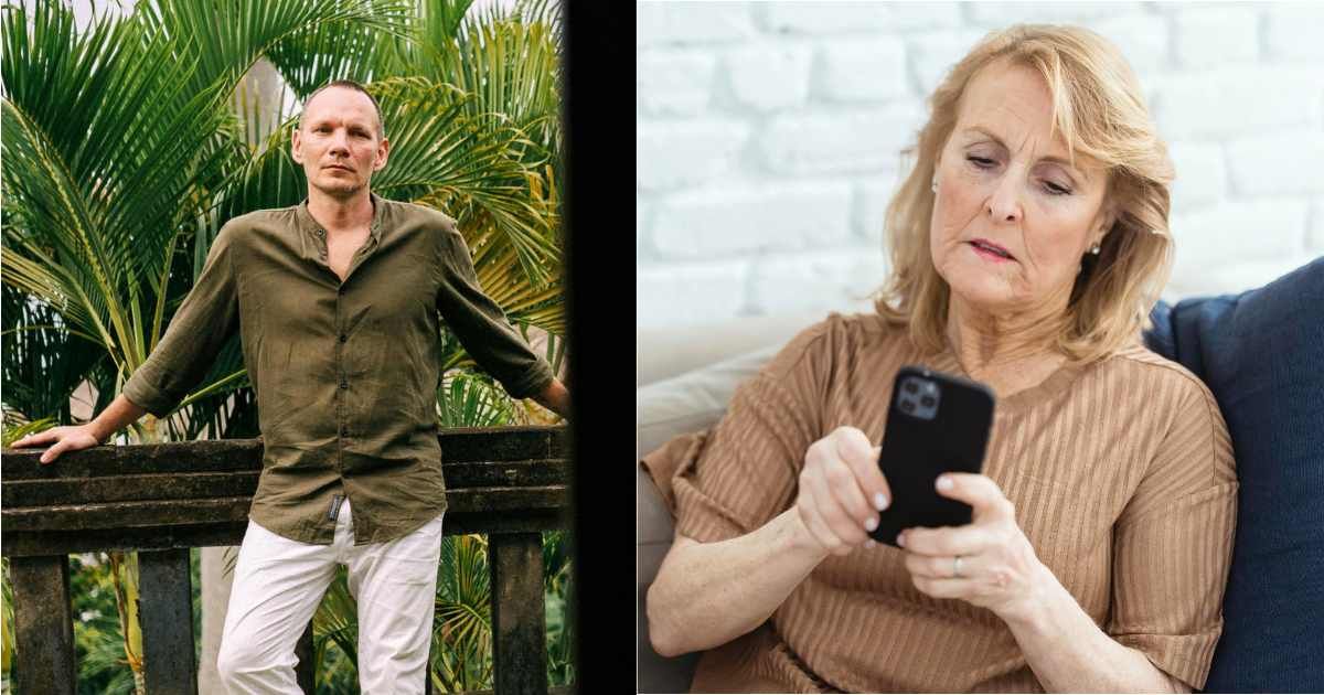 (L) Man looks over at neighbor's apartment suspiciously. (R) A woman looks horrified at her phone. (Representative Cover Image Source: Pexels| L - Yan Krukau, R - Teona Swift)