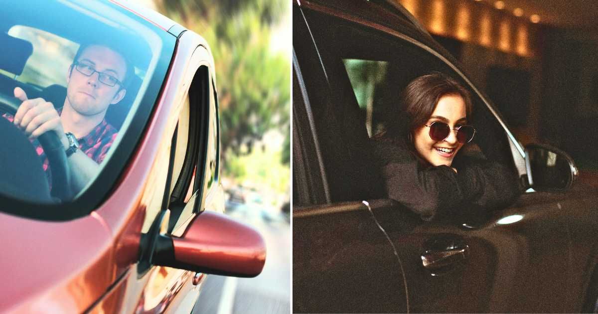 (L) Man speeding and looking into mirror. (R) Woman peeps out of car and laughs. (Representative Cover Image Source: Pexels| L - Je Shooters, R - Pedro Woch)