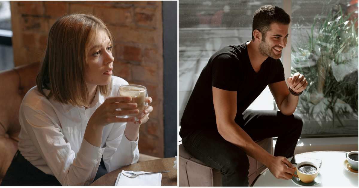 (L) Woman looks up in shock while having coffee in restuarant. (R) Man laughing with friends at cafe. (Representative Cover Image Source: Pexels| L - Pavel Daniyuk, R - RDNE Stock Project)