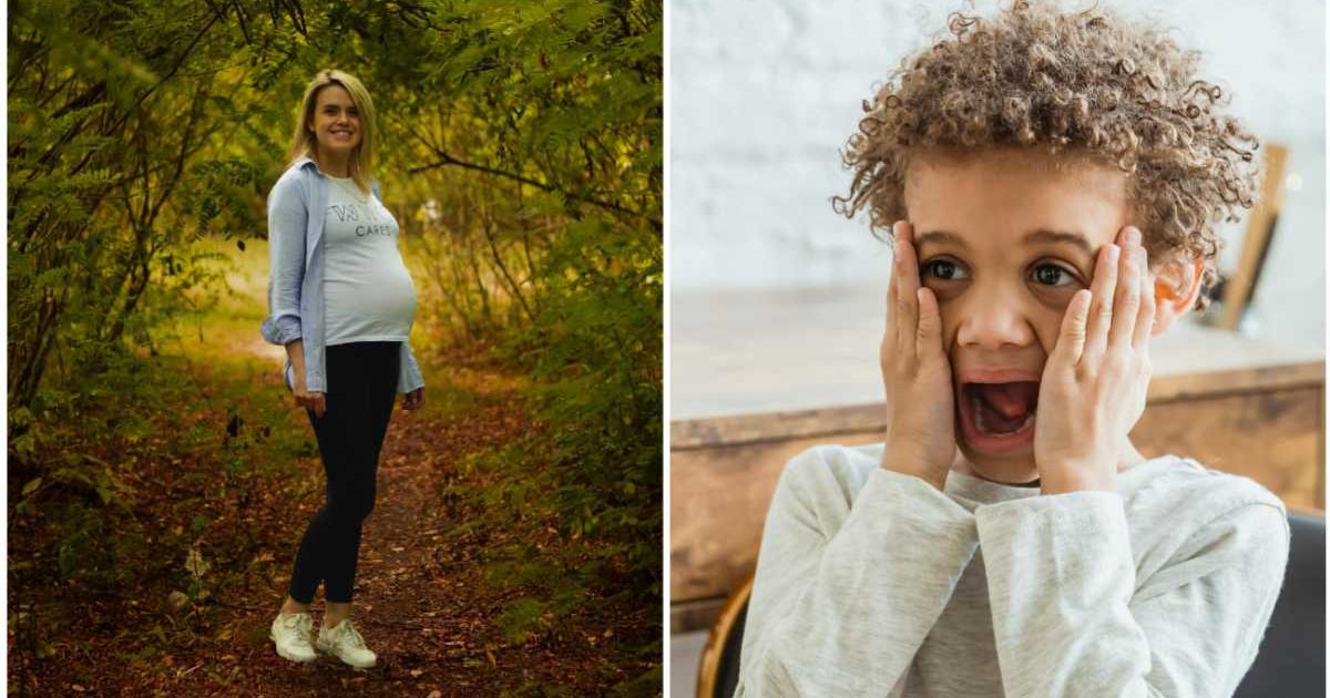 (L)A pregnant woman showing off her belly bump ; (R) A kid utterly shocked (Representative Cover Image Source: Pexels| L - Julia Abiniakina, R - Keira Burton)