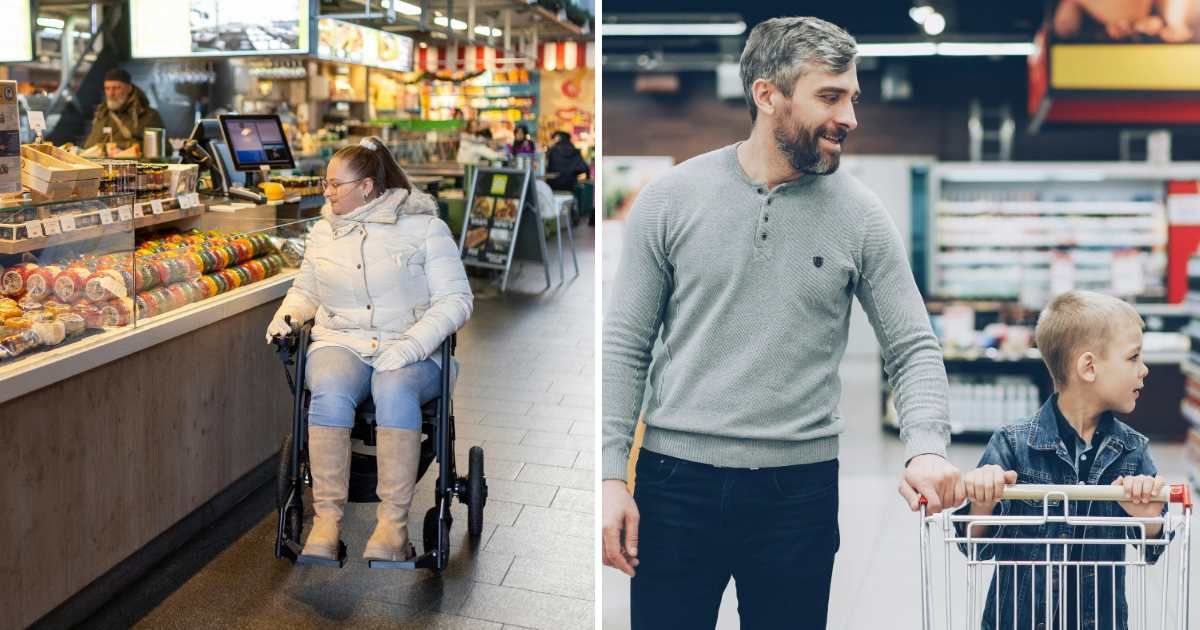(L) Woman in wheelchair in grocery store. (R) Father and son in store. (Representative Cover Image Source: Pexels, Unsplash | (L)  Rollz International, (R) Vitaly Gariev)