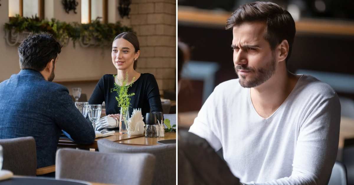 Two people on a first date (L). A man dissatisfied and confused (R) (Representative Cover Image Source: Pexel and Getty Images | Photo by 
Mikhail Nilov and fizkes)