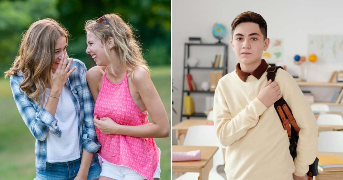 (L) Two teen girls laughing sneakily together. (R) A teenage boy in classroom. (Representative Cover Image Source: L - Getty| FatCamera, R - Pexels| Max Fischer)