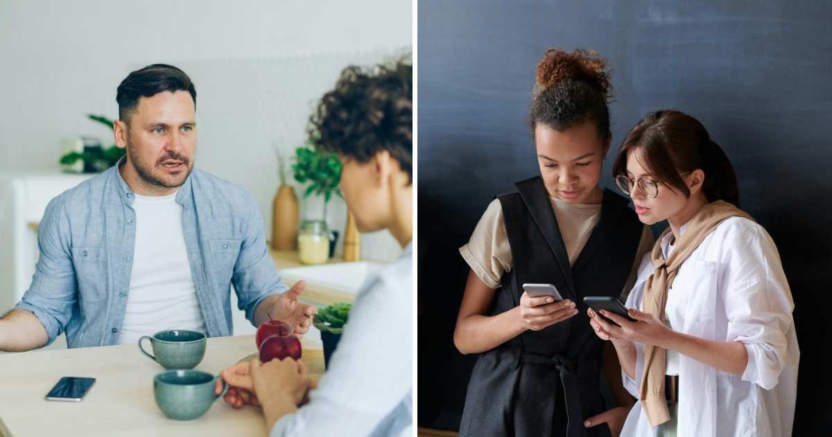 (L) Man talking with woman. (R) People looking at their phones together. (Representative Cover Image Source: Pexels | (L) Vitaly Gariev, (R) fauxels)