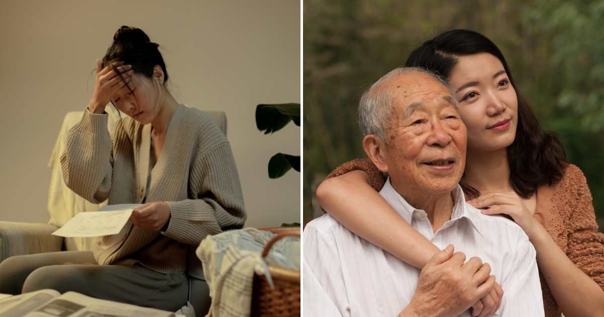 A woman upset after reading something (L). A woman hugging her grandfather (R). (Representative Cover Image Source: Pexel and Getty Images | Photo by Ron Lach and XiFotos)