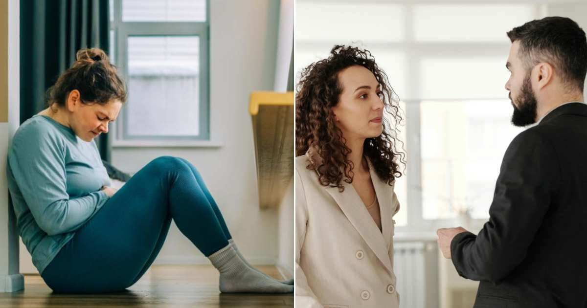 (L) Woman having stomach cramp, (R) Woman talking with man. (Representative Cover Image Source: (L) Getty Images | Photo by Olga Pankova (R) Pexels | Edmond Dantès)