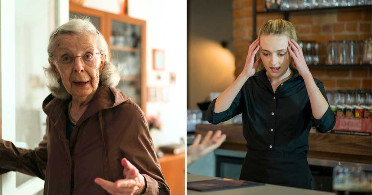Old woman giving a lecture (L). Waitress not looking happy and looking shocked (R) (Representative Cover Image Source: Pexel and Getty Images | Photo by Jsme MILA and LittleCityLifestylePhotography)