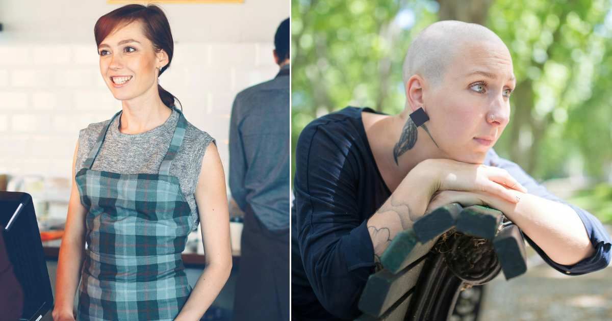 (L) Employee speaking with customer. (R) A bald woman battling cancer looks emotional. (Representative Cover Image Source: Pexels| L - Vitaly Gariev, R - Kampus Production)