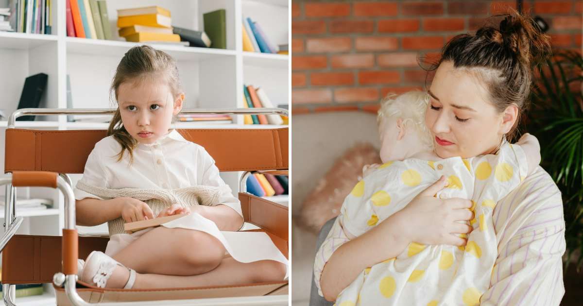 (L) Shy little girl looks worried. (R) Mom hugging a sad daughter. (Representative Cover Image Source: Pexels | (L) Mikhail Nilov, (R) www.kaboompics.com)