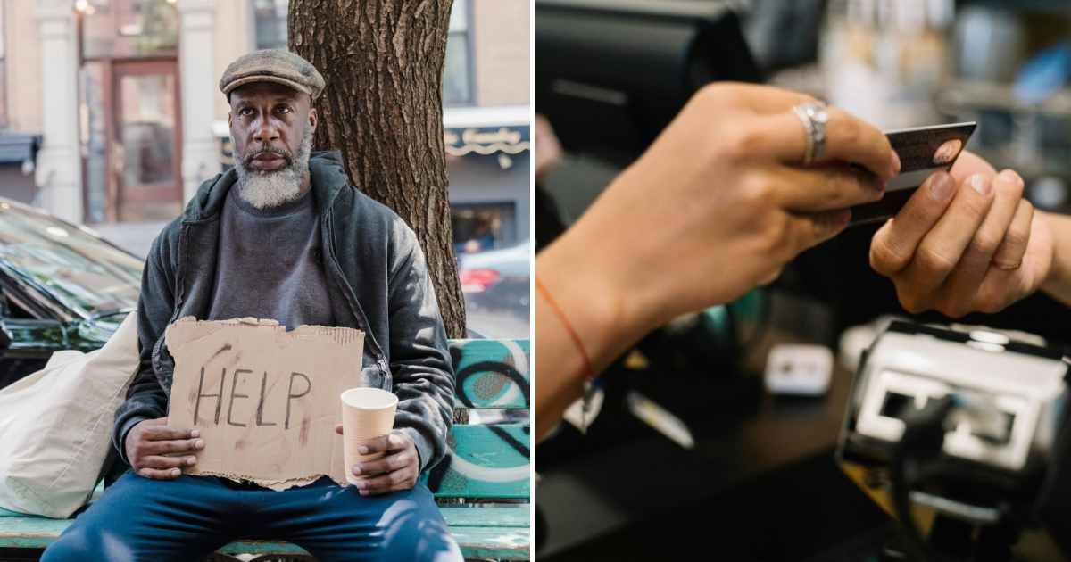 (L) Homeless man asking for help. (R) Woman giving card to another person. (Representative Cover Image Source: Pexels | (L) Timur Weber, (R) Anna Tarazevich)