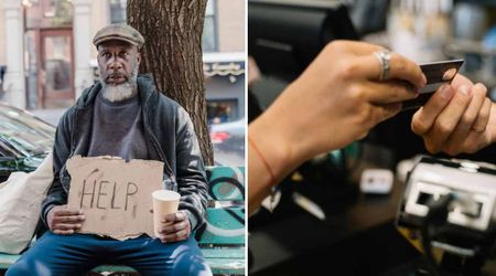 She handed her credit card to a homeless man outside a store asking for food—what he bought left her stunned