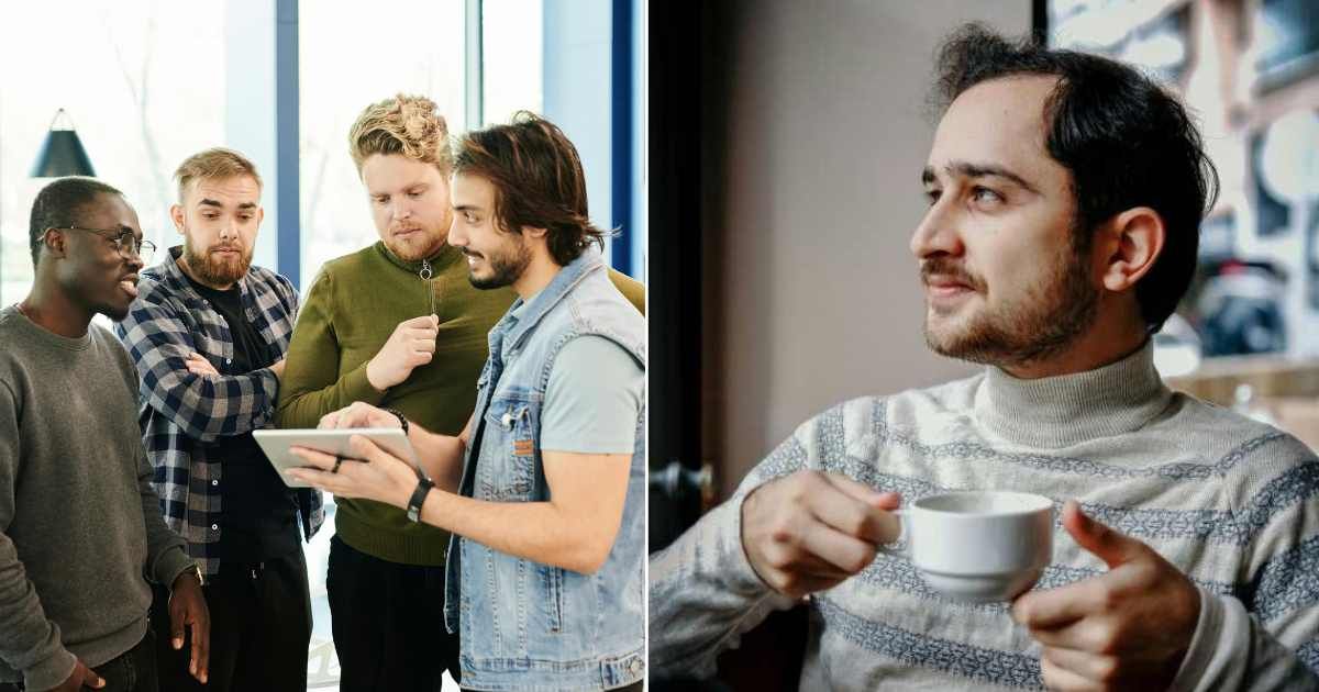 (L) Group of men talking. (R) Man holding coffee, looking impressed. (Representative Cover Image Source: Pexels | (L) Henri Mathieu-Saint-Laurent, (R) beytlik)