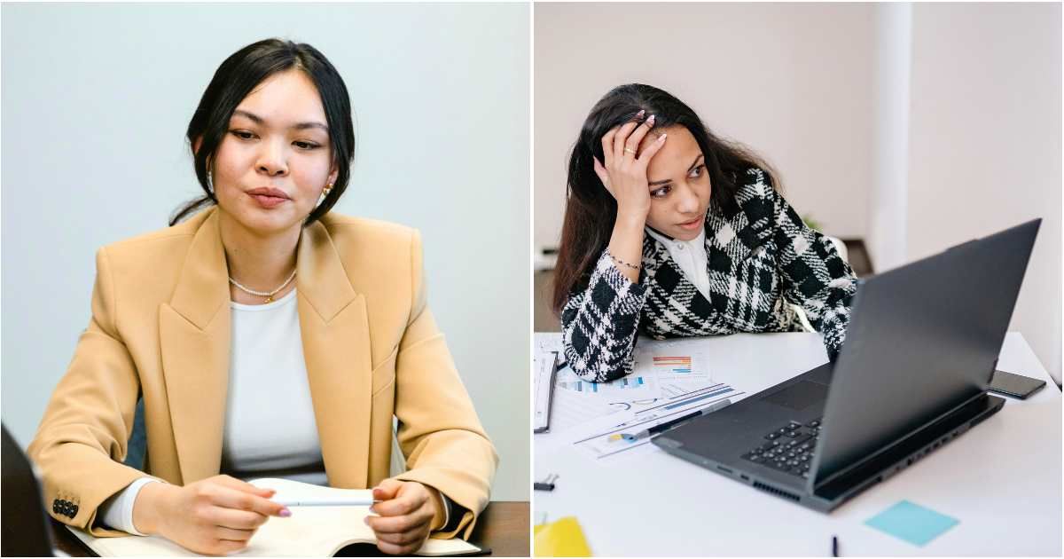 (L) Woman smirks at the office. (R) An employee looks shocked and confused while staring at the laptop. (Representative Cover Image Source: Pexels| L - Mart Production, R - Yan Krukau)