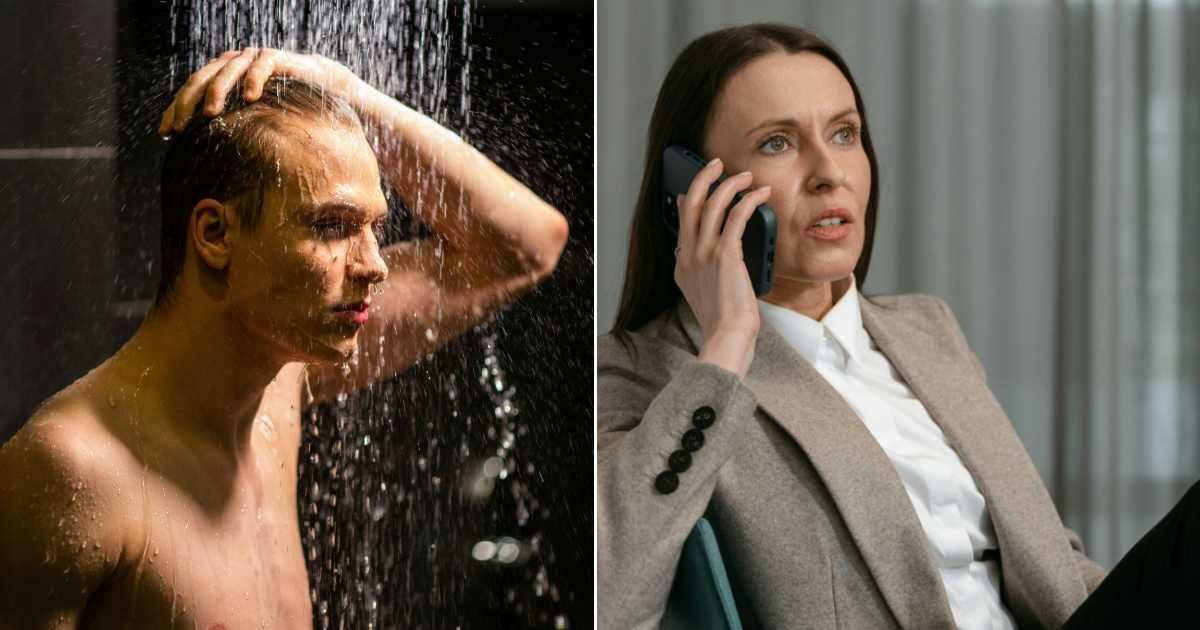 (L) Man showering. (R) Woman on call in office. (Representative Cover Image Source: Pexels | (L) Sergey Torbik, (R) MART PRODUCTION)