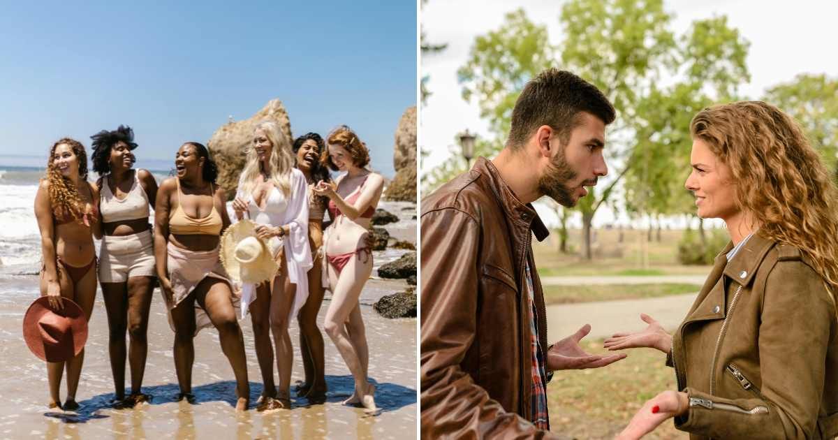 (L) Woman enjoying a girls' trip at the beach. (R) A couple is fighting. (Representative Cover Image Source: Pexels| L - RDNE Stock project, R - Vera Arsic )