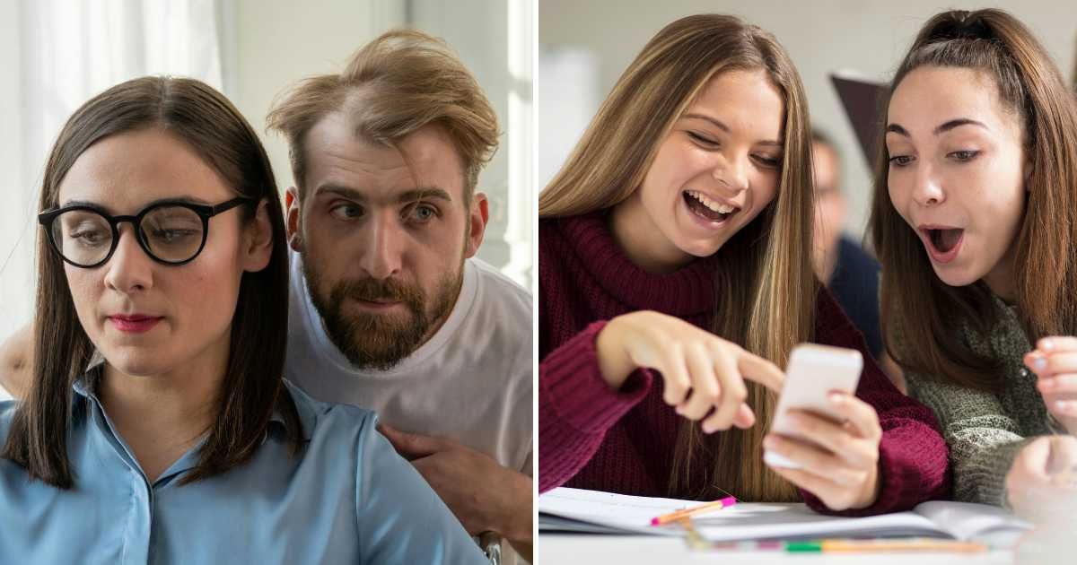 (L) Creepy man behind woman. (R) Girls in school looking at something on their phones (Representative Cover Image Source: Pexels, Getty Images | (L) cottonbro studio, (R) Westend61)