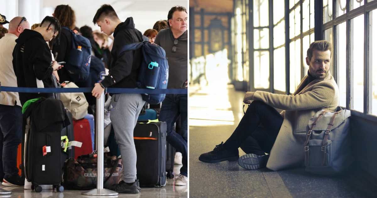 (L) A very busy airport. (R) A disappointed man sits with his luggage at the airport. (Representative Cover Image Source: L -Getty Images | Mario Tama, R - Pexels| Andrea Piacquadio)