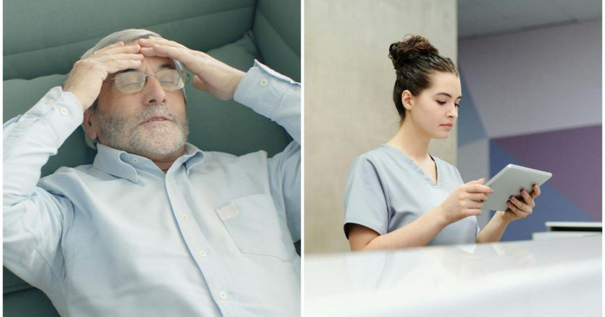 (L) An old man experiencing a headache ; (R) A nurse on a video call (Representative Cover Image Source: Pexels | (L) Kampus Production ; (R) Cedric Fauntleroy)