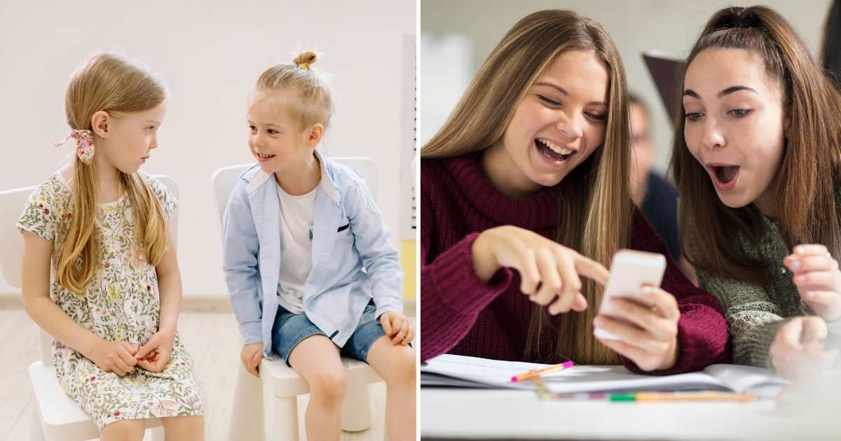 (L) Little boy talking with little girl. (R) Two girls looking at something on their phones. (Representative Cover Image Source: Pexels, Getty Images | (L) Yan Krukau, (R) Westend61)