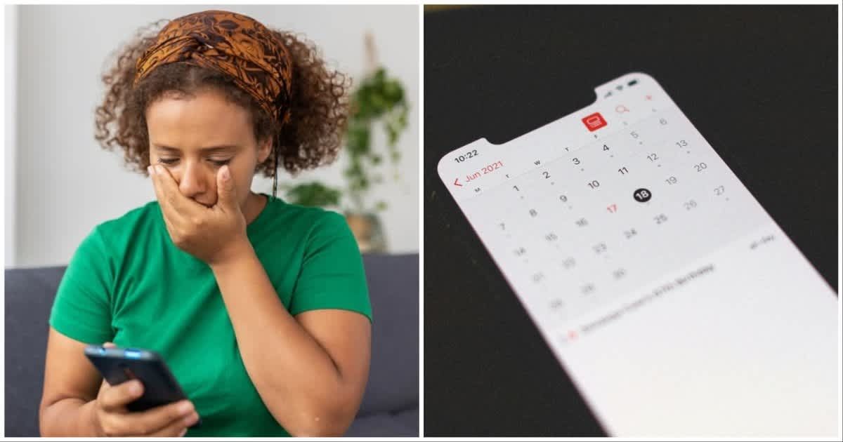 (L) A woman looks stunned while reading something ; (R) A calendar app on a phone (Representative Cover Image Source: (L) Getty Images| Xavier Lorenzo ; (R) Pexels| Alexey Demidov)