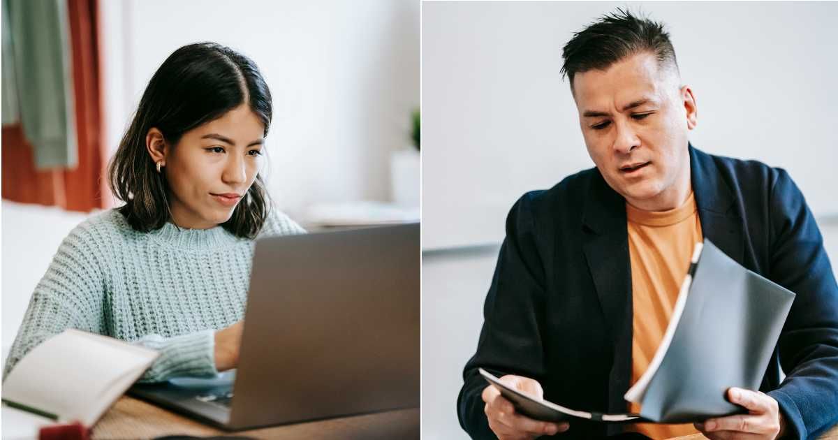 (L) Student smirks while using a laptop. (R) A teacher looks shocked while reasing assignment. (Representative Cover Image Source: Pexels| L - Liza Summer, R - Vanessa Garcia)