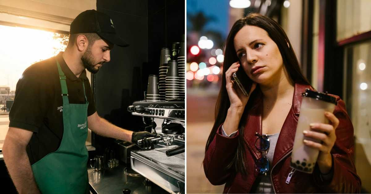 (L) A Starbucks barista is working on a coffee. (R) A woman angrily speaks on call while holding a drink. (Representative Cover Image Source: Pexels | L - Harem, R - RDNE Stock Project)