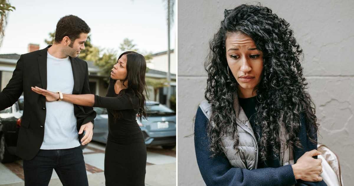 A woman arguing with a man (L). A woman feeling sorry (R) (Representative Cover Image Source: Pexels Images | Photo by RDNE Stock project and Keira Burton)