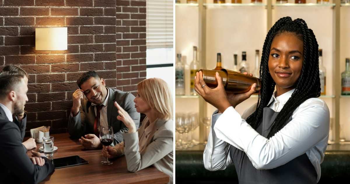 (L) Group of coworkers sitting together. (R) Female bartender mixing drinks. (Representative Cover Image Source: Pexels | (L) August de Richelieu, (R) The OurWhisky Foundation)