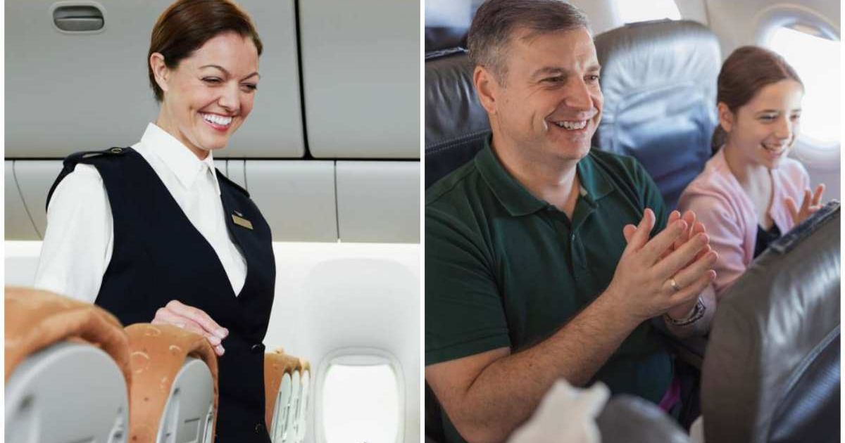 (L) A flight attendant smiling. (R) Passengers on the flight are cheering (Representative Cover Image Source: Getty Images | (L) Thomas Barwick (R) Witthaya Prasongsin)