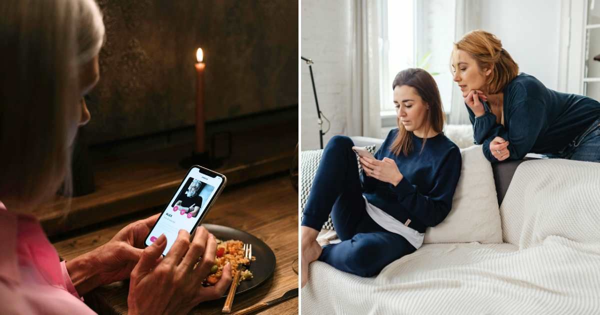 A woman going through a Tinder profile (L). Two women looking at a phone and talking (R) (Representative Cover Image Source: Pexels Images | Photo by cottonbro studio and www.kaboompics.com)