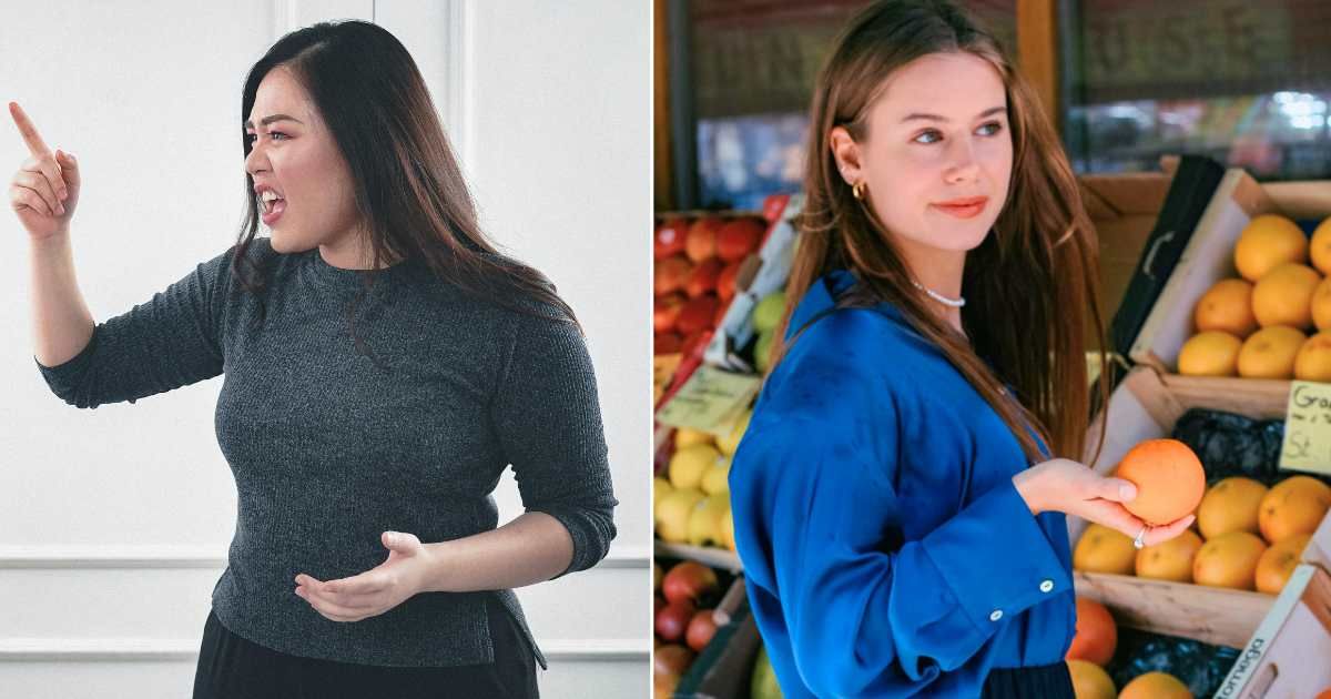 (L) An angry woman is yelling. (R) A woman at the grocery store smirks. (Representative Cover Image Source: Pexels| L - Afif Ramdhasuma, R - Ahmet Arslan)