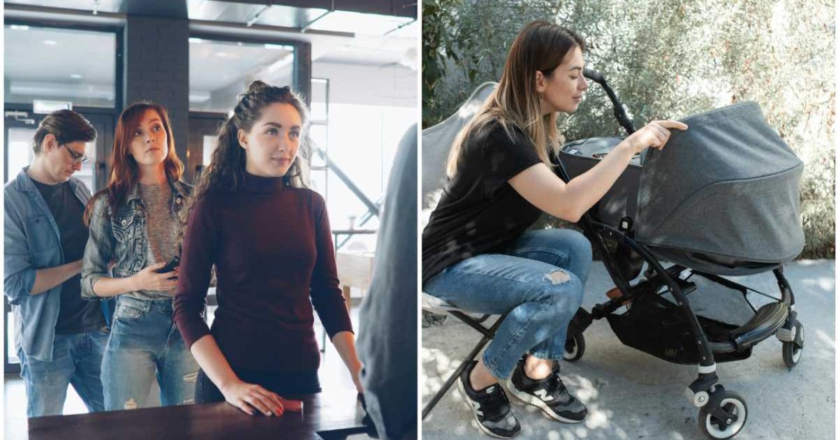 (L ) A female customer at the restaurant counter ; (R) A woman leaning down to look inside a stroller (Representative Cover Image Source: Pexels | Photo by (L) Vitaly Gariev ; (R) RDNE Stock project)