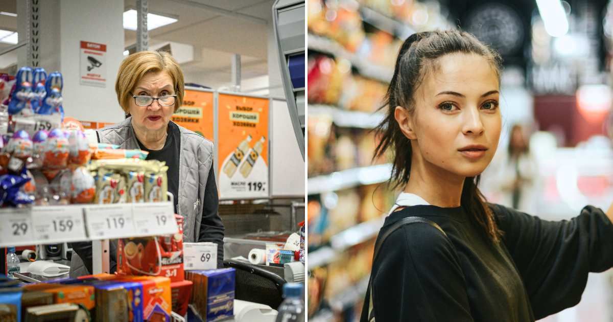A cashier giving a judgmental look (L). A woman looking back proudly and unfiltered (R). (Representative Cover Image Source: Pexels Images | Photo by shoppRadik 2707 and Anna Shvets)