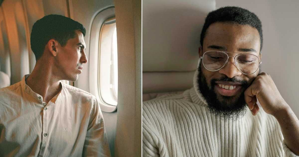 (L) Man looks out of the plane window, disappointed. (R) Man smiles to himself. (Representative Cover Image Source: Pexels| L - Alcaponne, R - cottonbro studio)