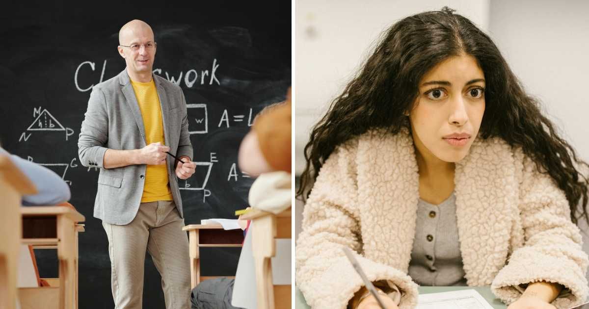 (L) Professor teaching in class. (R) College student shocked. (Representative Cover Image Source: Pexels | (L) Max Fischer, (R) RDNE Stock project)