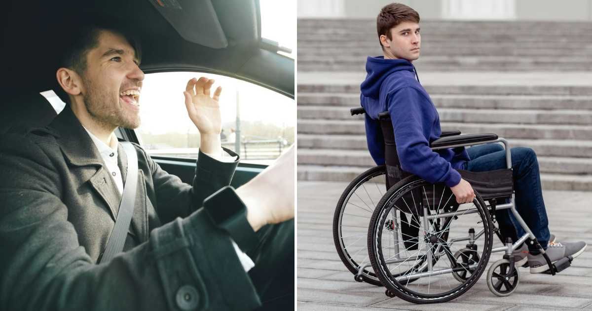 A man in the driver's seat laughing (L). A disabled man looking pensively at someone (R). (Representative Cover Image Source: Pexels Images | Photo by Vitaly Gariev and SHVETS production)