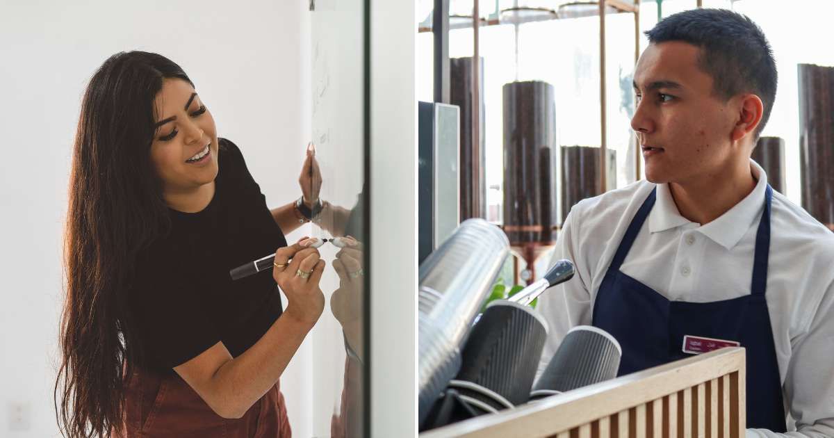 (R) An employee writing specials on a whiteboard. (R) The employee looks annoyed and confused while stacking cups. (Representative Cover Image Source: Pexels| L - Los Muertos Crew, R - Fatima Said)