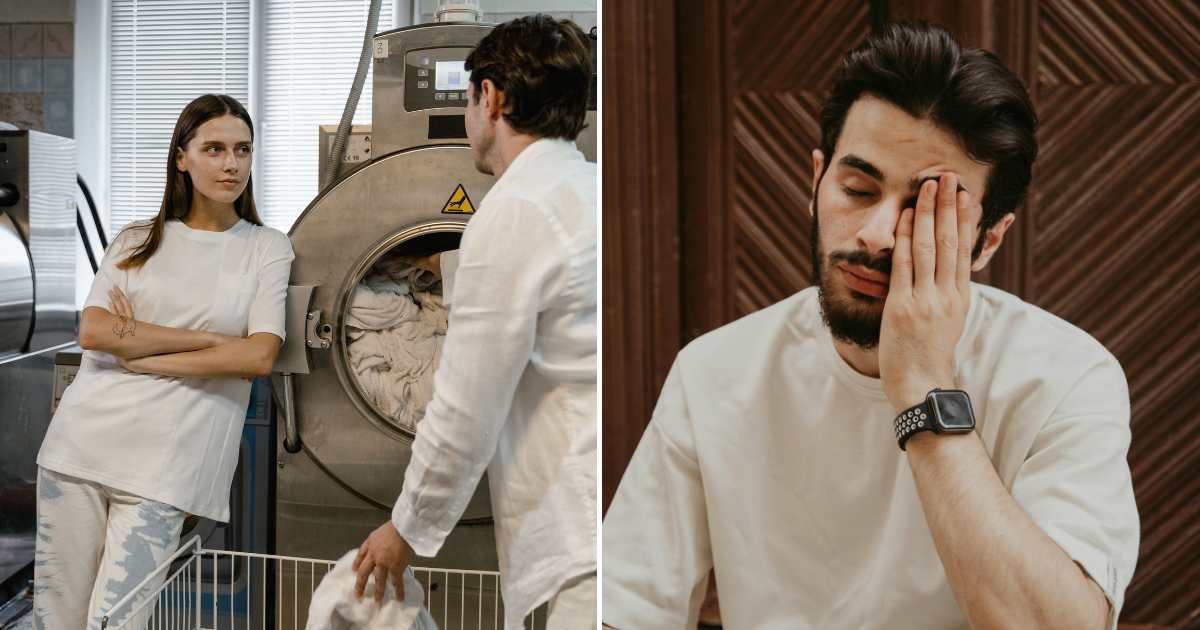 A man and a woman talking at a laundromat (L). A man looking embarrassed and disappointed (R). (Representative Cover Image Source: Pexels Images | Photo by Tima Miroshnichenko and Masud Allahverdizade)