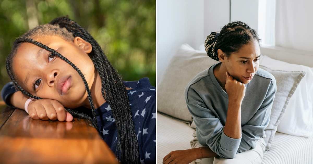 A little girl looking sad and bored (L). A woman looking upset and thinking pensively (R) (Representative Cover Image Source: Pexels Images | Photo by Steward Masweneng and Alex Green)