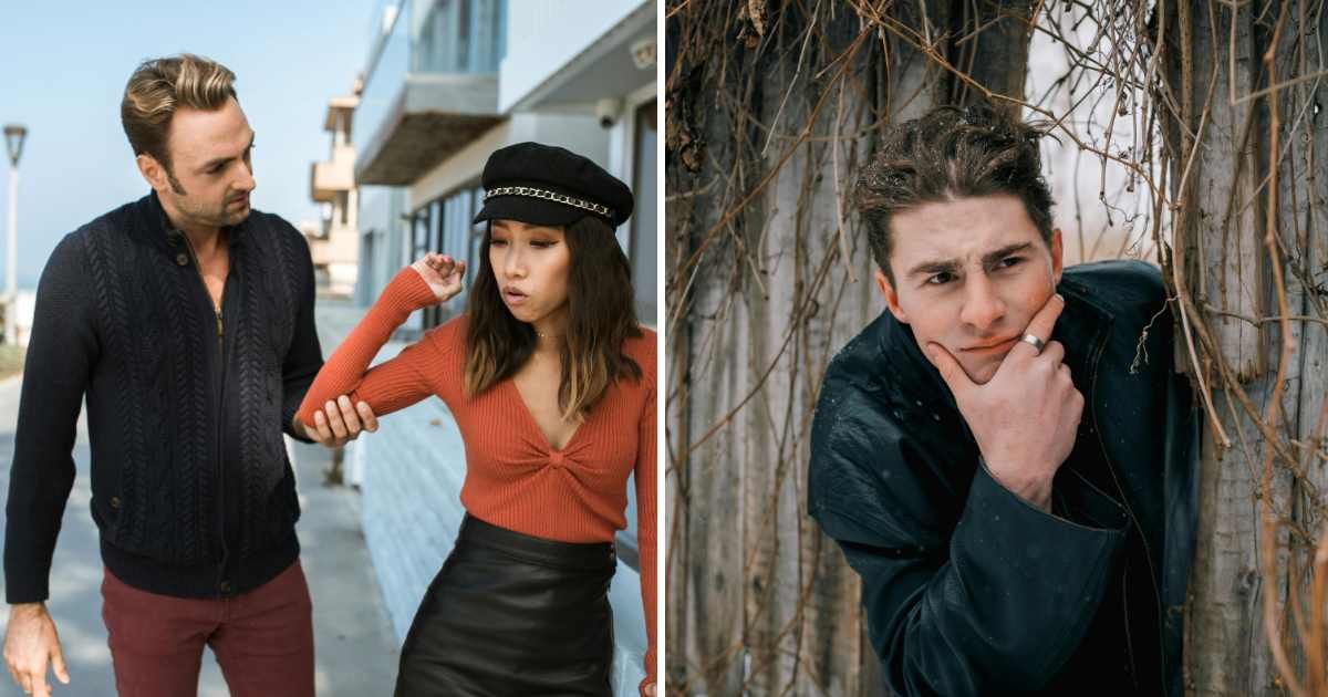 (L) Man annoying woman outdoors. (R) Man hiding. (Representative Cover Image Source: Pexels | (L) RDNE Stock project, (R) Daniil Kondrashin)